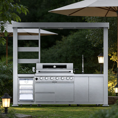 108-Inch 6-Burner 85000 BTU Deluxe Stainless Steel Gas Outdoor Kitchen Bar Barbecue Island Grill + Wine Cooler Compact Refrigerator + Rotisserie + Granite Countertops + Storage Cabinets & Drawers
