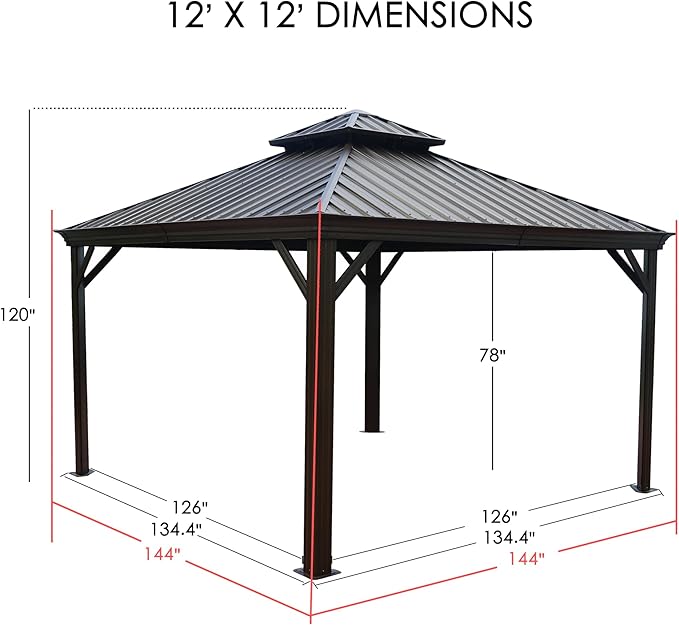 Kozyard Alexander 12' X 12' Hardtop Gazebo, Aluminum Metal Gazebo with Galvanized Steel Double Roof Canopy, Curtain and Netting for Patio Backyard Deck Lawn Brown