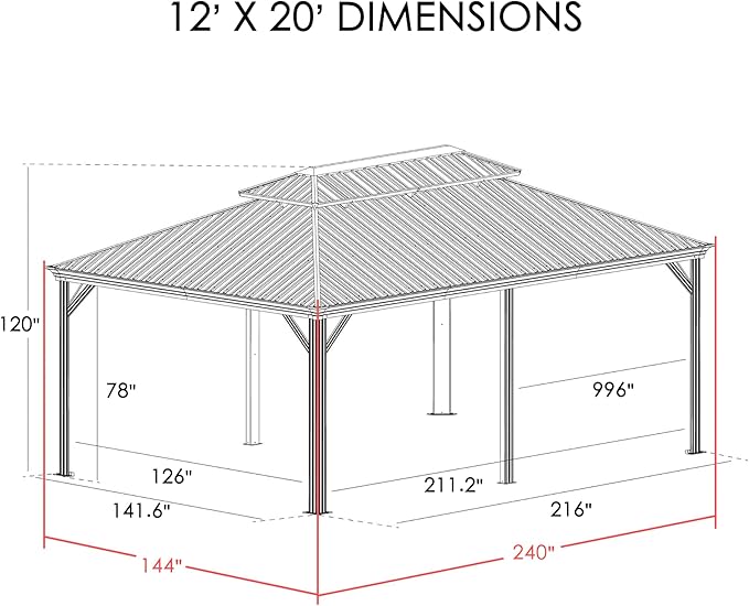 Kozyard Alexander 12' X 20' Permanent Aluminum Hardtop Gazebo with Galvanized Steel Double Roof Canopy, Curtain and Netting or Patio, Backyard, Deck, Lawn (Brown)