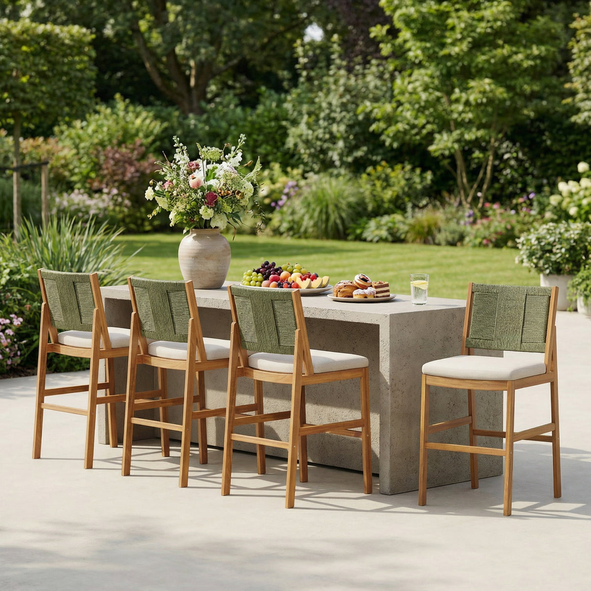 Outdoor dining setup with a table and chairs in a garden setting.