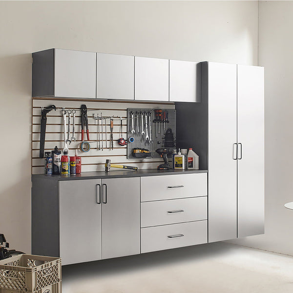 Metallic Gray Garage Cabinet Set with Soft Closing Drawers