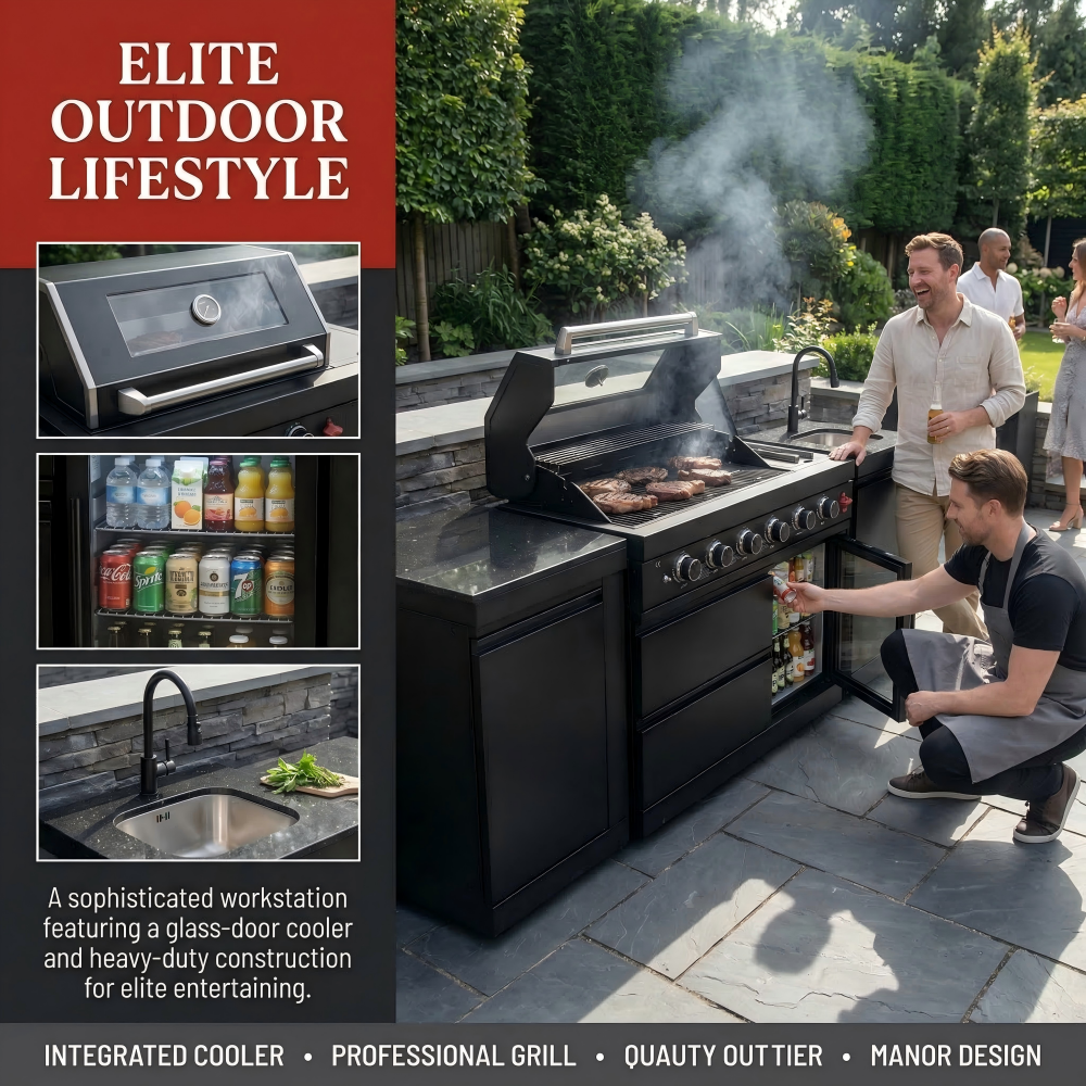 85" 4-Burner 72000 BTU Black Outdoor Kitchen Island Grill with Compact Refrigerator Marble Countertops Sink