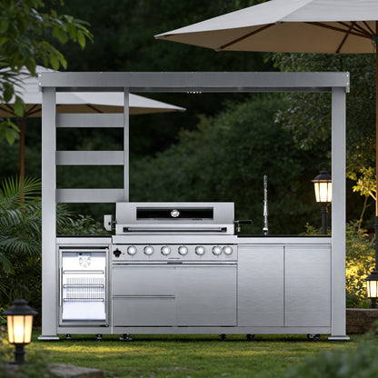 108-Inch 6-Burner 85000 BTU Deluxe Stainless Steel Gas Outdoor Kitchen Bar Barbecue Island Grill  + Wine Cooler Compact Refrigerator + Rotisserie + Granite Countertops + Storage Cabinets & Drawers