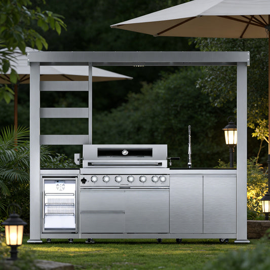 108-Inch 6-Burner 85000 BTU Deluxe Stainless Steel Gas Outdoor Kitchen Bar Barbecue Island Grill  + Wine Cooler Compact Refrigerator + Rotisserie + Granite Countertops + Storage Cabinets & Drawers