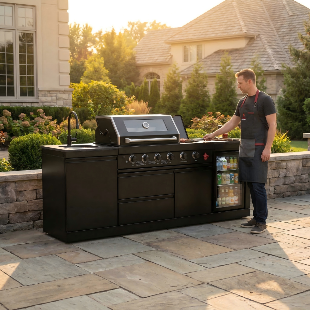 85" 4-Burner 72000 BTU Black Outdoor Kitchen Island Grill with Compact Refrigerator Marble Countertops Sink