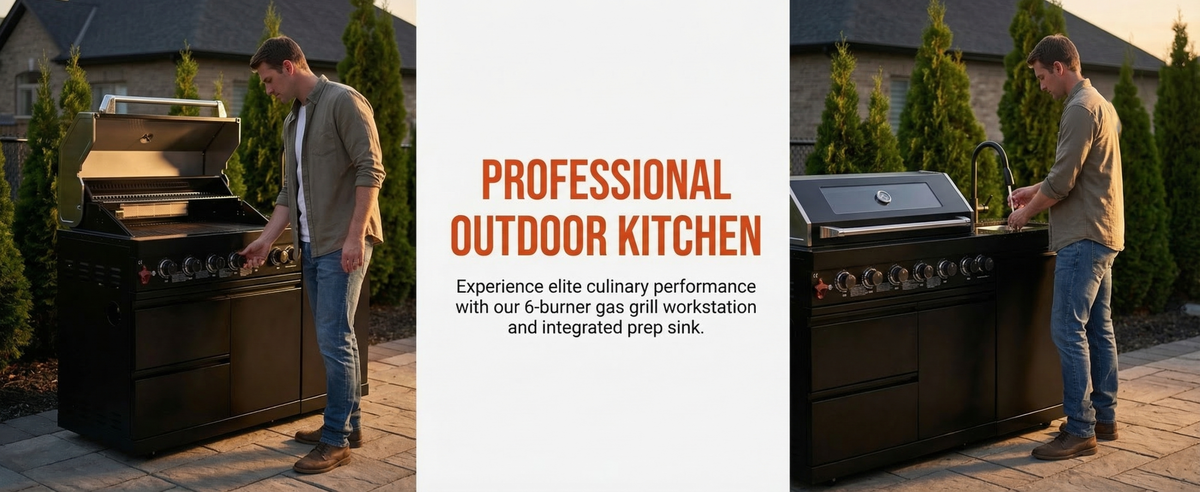 63" 6-Burner 85000 BTU Black Outdoor Kitchen Island Grill + Marble Countertops + Sink