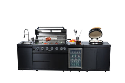Black 115-Inch 85000-BTU Stainless Steel Gas Outdoor Kitchen Bar Barbecue Island Grill with Kamado grill ,Wine Cooler Compact Refrigerator Rotisserie Granite Countertops Storage Cabinets & Drawers