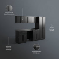 10-Piece Heavy Duty Steel Garage Cabinet System | All-In-One Modular Garage Cabinet Set for Ultimate Workshop Organization | Easy Assembly Garage Storage Cabinets & Tool Bench (Black) — infographic