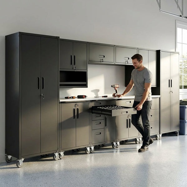 Garage Cabinet System Built to Organize Workshops, Heavy Duty Steel, Modular Design, Workbench Included