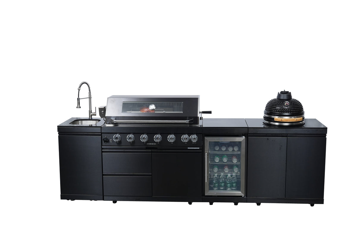 Black 115-Inch 85000-BTU Stainless Steel Gas Outdoor Kitchen Bar Barbecue Island Grill with Kamado grill ,Wine Cooler Compact Refrigerator Rotisserie Granite Countertops Storage Cabinets & Drawers