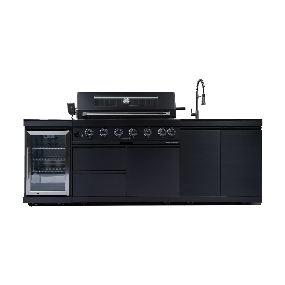 NG 95" 6-Burner 85000 BTU Black Outdoor Kitchen Island Grill Rotisserie kit Granite Countertops