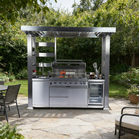 94-Inch 6-Burner 85000 BTU Deluxe Stainless Steel Gas Outdoor Kitchen Bar Barbecue Island Grill  + Wine Cooler Compact Refrigerator + Rotisserie + Granite Countertops + Storage Cabinets & Drawers