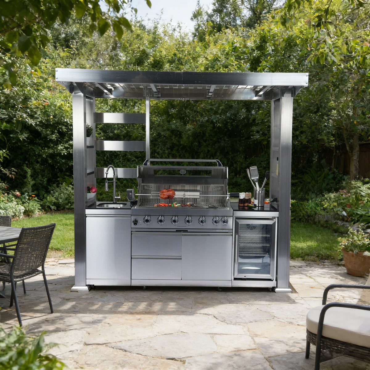 Stainless Steel Outdoor Kitchen Island with 6-Burner Grill & Wine Cooler - Silver