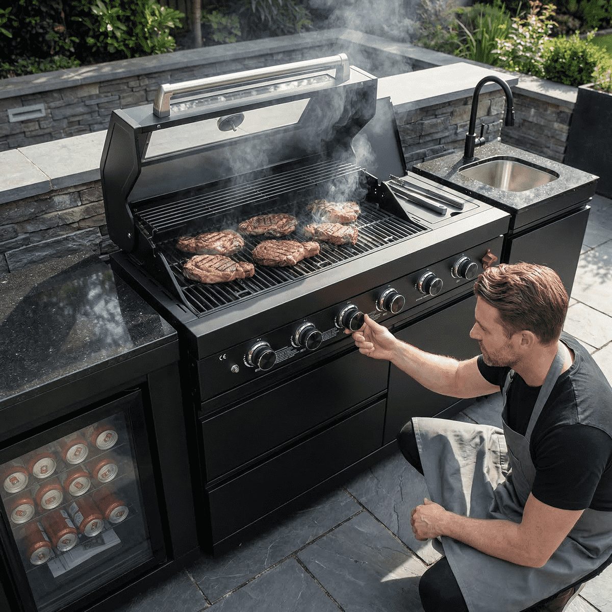 85" 4-Burner 72000 BTU Black Outdoor Kitchen Island Grill with Compact Refrigerator Marble Countertops Sink