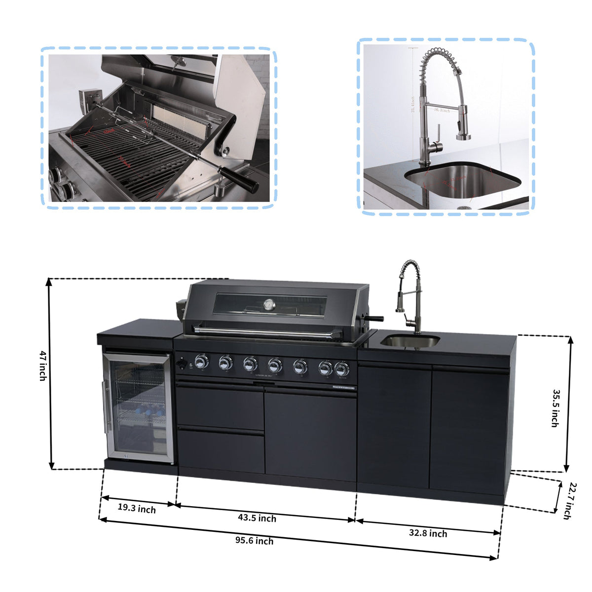 NG 95" 6-Burner 85000 BTU Black Outdoor Kitchen Island Grill Rotisserie kit Granite Countertops