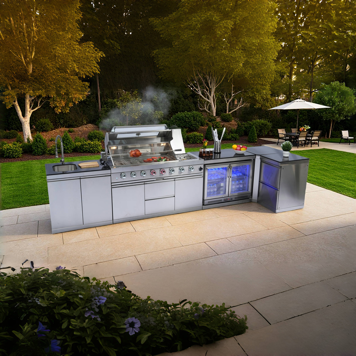 NG 58-Inch 6-Burner 96000 BTU Deluxe Stainless Steel  Outdoor Kitchen Bar Barbecue Island Grill  + Wine Cooler Compact Refrigerator + Rotisserie + Granite Countertops + Storage Cabinets & Drawers