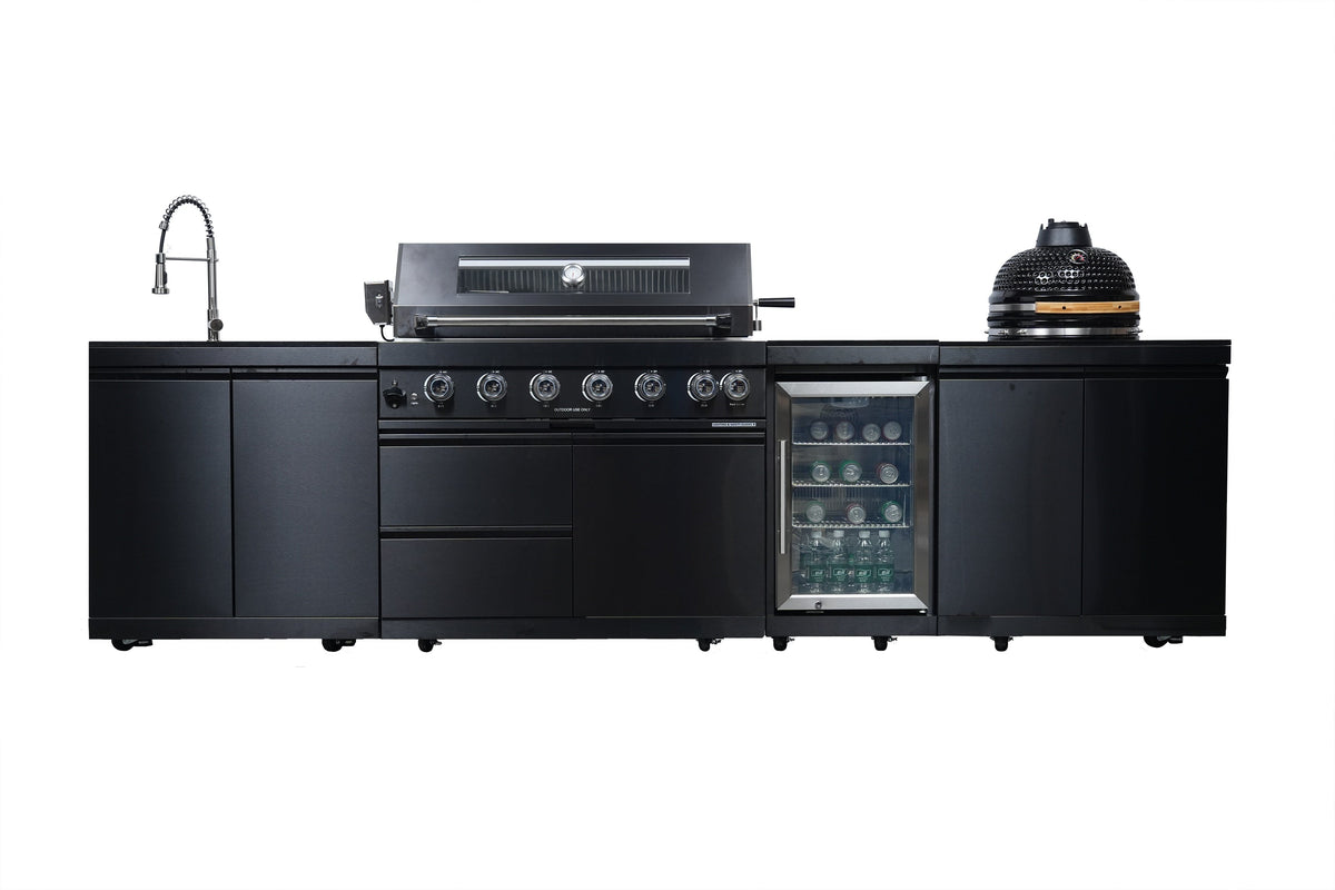 Black 128-Inch 85000-BTU Stainless Steel Gas Outdoor Kitchen Bar Barbecue Island Grill with Kamado grill ,Wine Cooler Compact Refrigerator Rotisserie Granite Countertops Storage Cabinets & Drawers