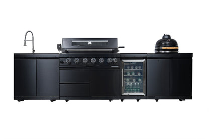 Black 128-Inch 85000-BTU Stainless Steel Gas Outdoor Kitchen Bar Barbecue Island Grill with Kamado grill ,Wine Cooler Compact Refrigerator Rotisserie Granite Countertops Storage Cabinets & Drawers