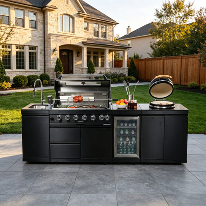 Black 115-Inch 85000-BTU Stainless Steel Gas Outdoor Kitchen Bar Barbecue Island Grill with Kamado grill ,Wine Cooler Compact Refrigerator Rotisserie Granite Countertops Storage Cabinets & Drawers