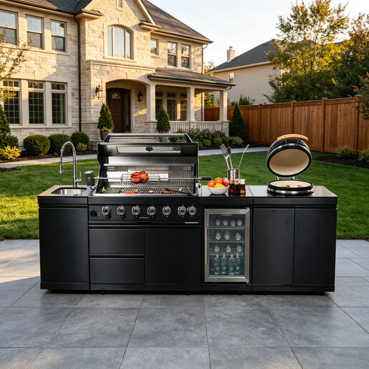 Black 115-Inch 85000-BTU Stainless Steel Gas Outdoor Kitchen Bar Barbecue Island Grill with Kamado grill ,Wine Cooler Compact Refrigerator Rotisserie Granite Countertops Storage Cabinets & Drawers