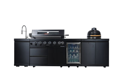 Black 115-Inch 85000-BTU Stainless Steel Gas Outdoor Kitchen Bar Barbecue Island Grill with Kamado grill ,Wine Cooler Compact Refrigerator Rotisserie Granite Countertops Storage Cabinets & Drawers