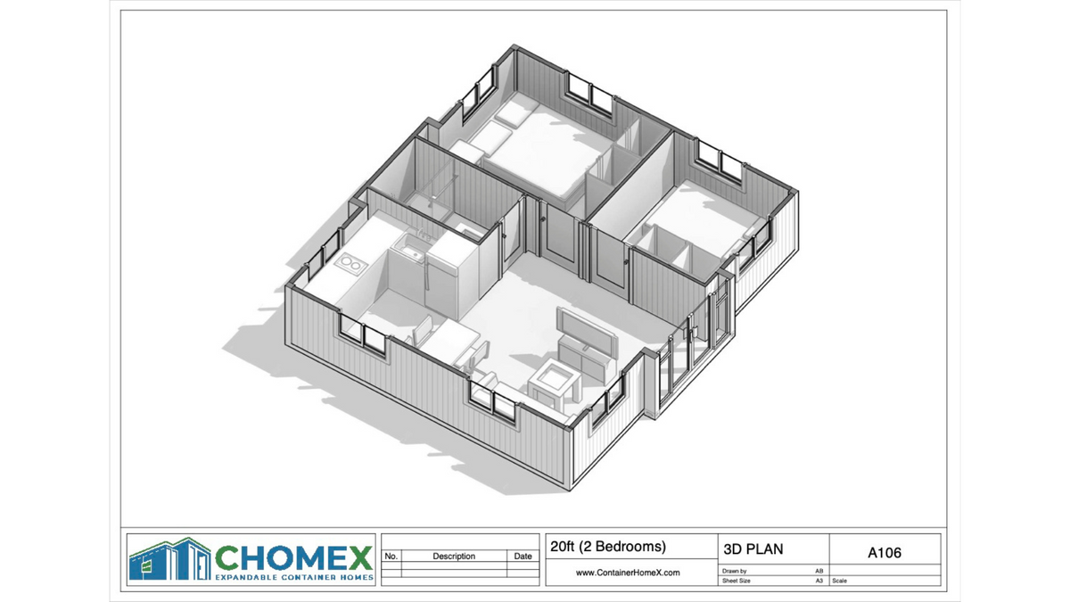 Duo Mod – 20' Expandable Container Home | 2 Bedroom | Full Bath, Kitchen, Dinette & Living Room | 385 SF Tiny Home