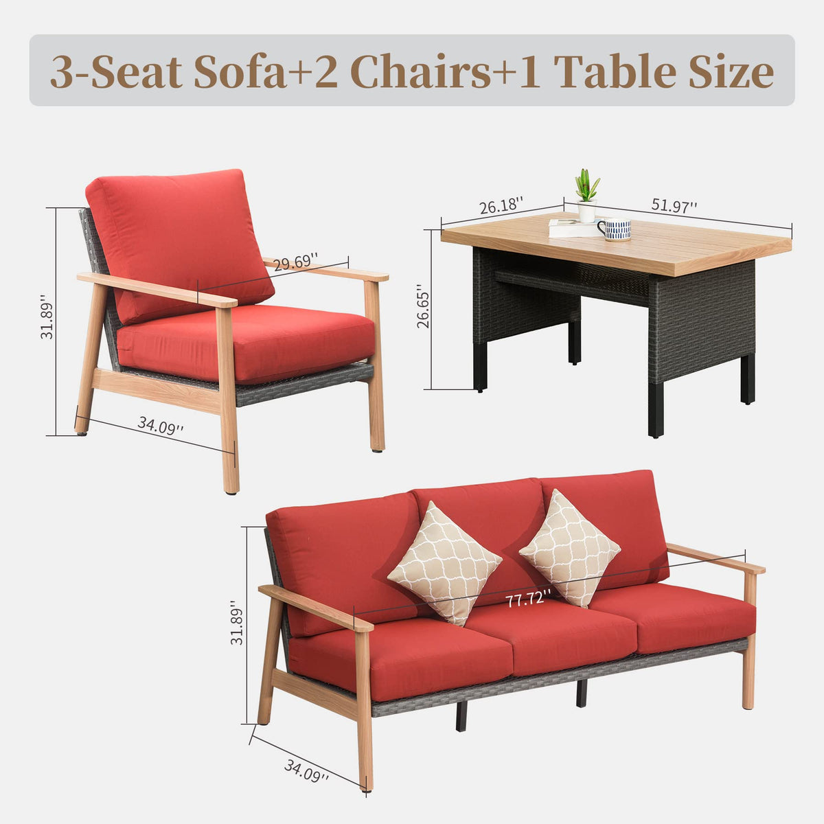 Outdoor Wicker Patio Furniture Set 4 Pieces with Aluminum Frame - Red