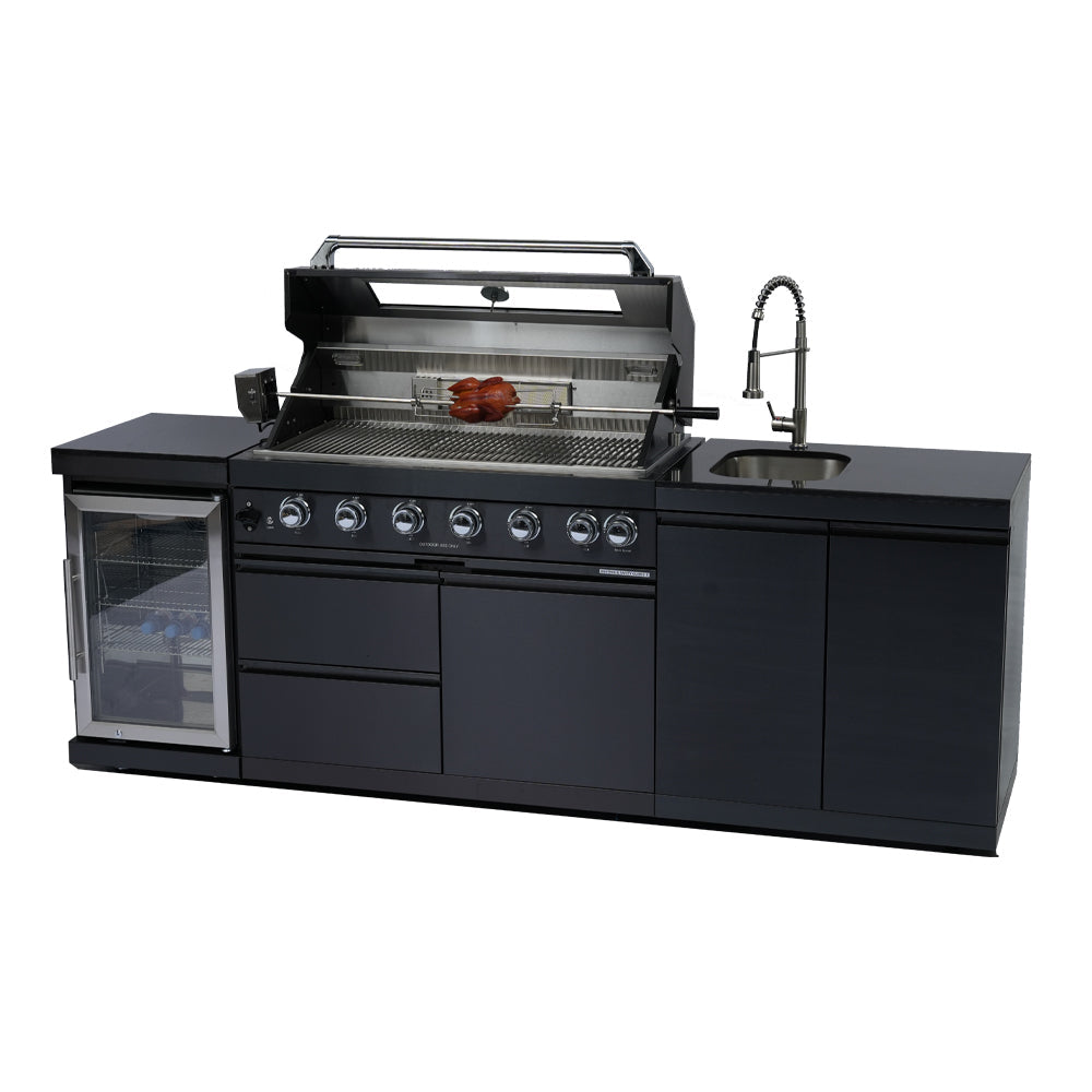 NG 95" 6-Burner 85000 BTU Black Outdoor Kitchen Island Grill Rotisserie kit Granite Countertops