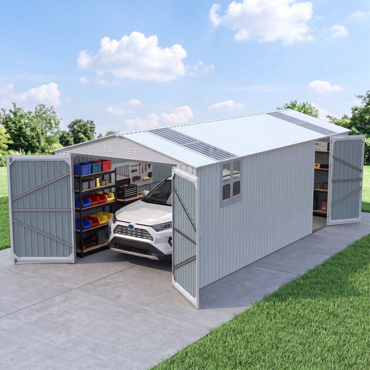 Outdoor Storage Shed 20x13 FT - Metal Garden Utility Shed with Ventilation - Silver