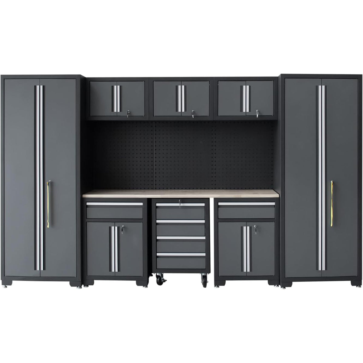 Garage Storage Cabinet System 9-Pcs Workshop Set Garage Cabinets and Storage System with Steel Cabinet Drawers, Rolling Chest, Workbench, Pegboard for Garage Tool Organization, Black