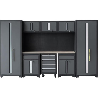 Garage Storage Cabinet System 9-Pcs Workshop Set Garage Cabinets and Storage System with Steel Cabinet Drawers, Rolling Chest, Workbench, Pegboard for Garage Tool Organization, Black