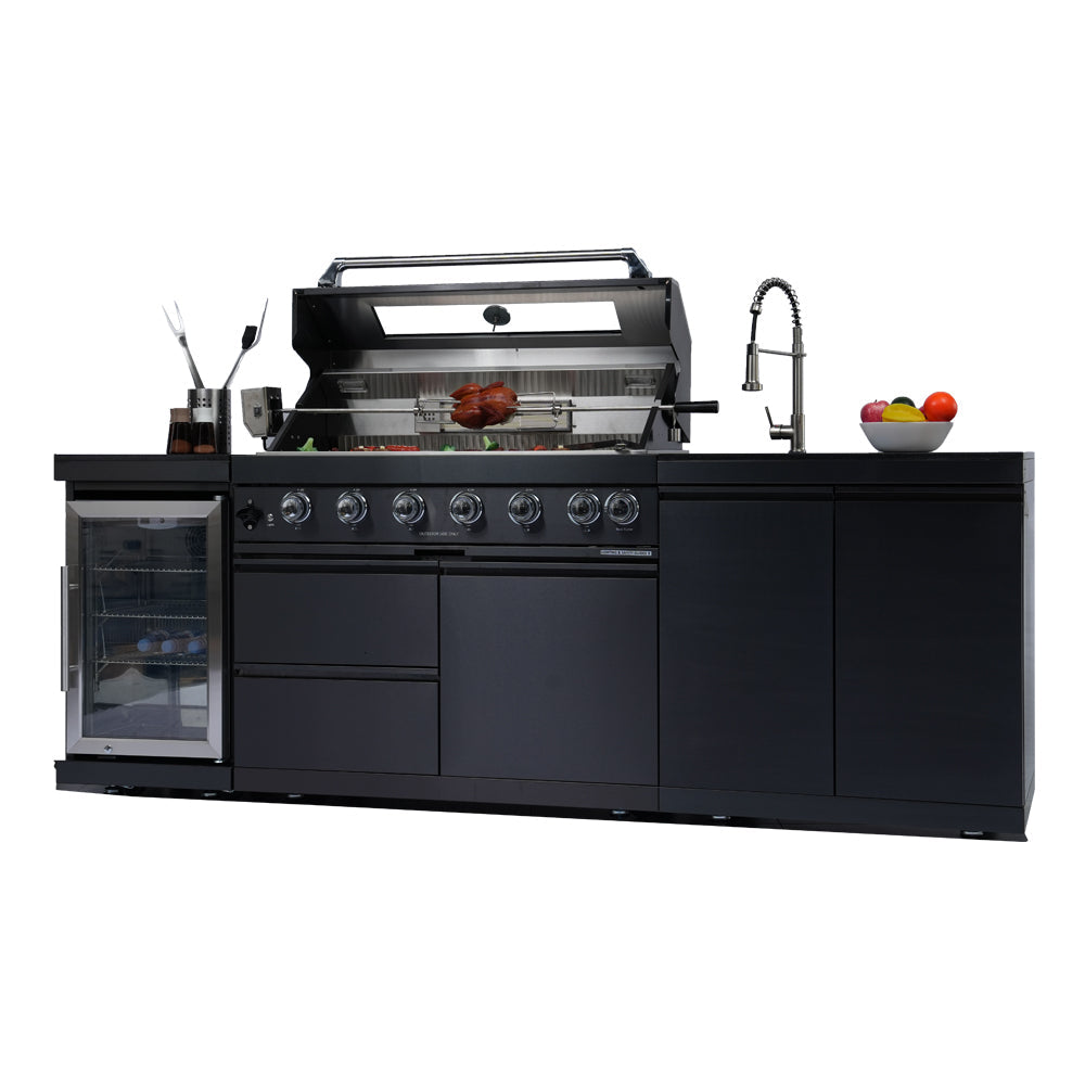 NG 95" 6-Burner 85000 BTU Black Outdoor Kitchen Island Grill Rotisserie kit Granite Countertops