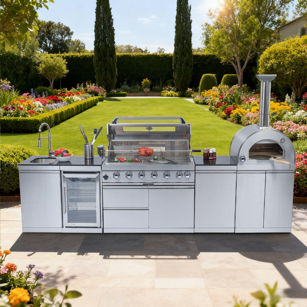 NG 128-Inch 120000- BTU Double Stainless Steel Gas Outdoor Kitchen Bar Barbecue Island Grill Pizza oven Wine Cooler Compact Refrigerator Rotisserie Granite Countertops Storage Cabinets & Drawers