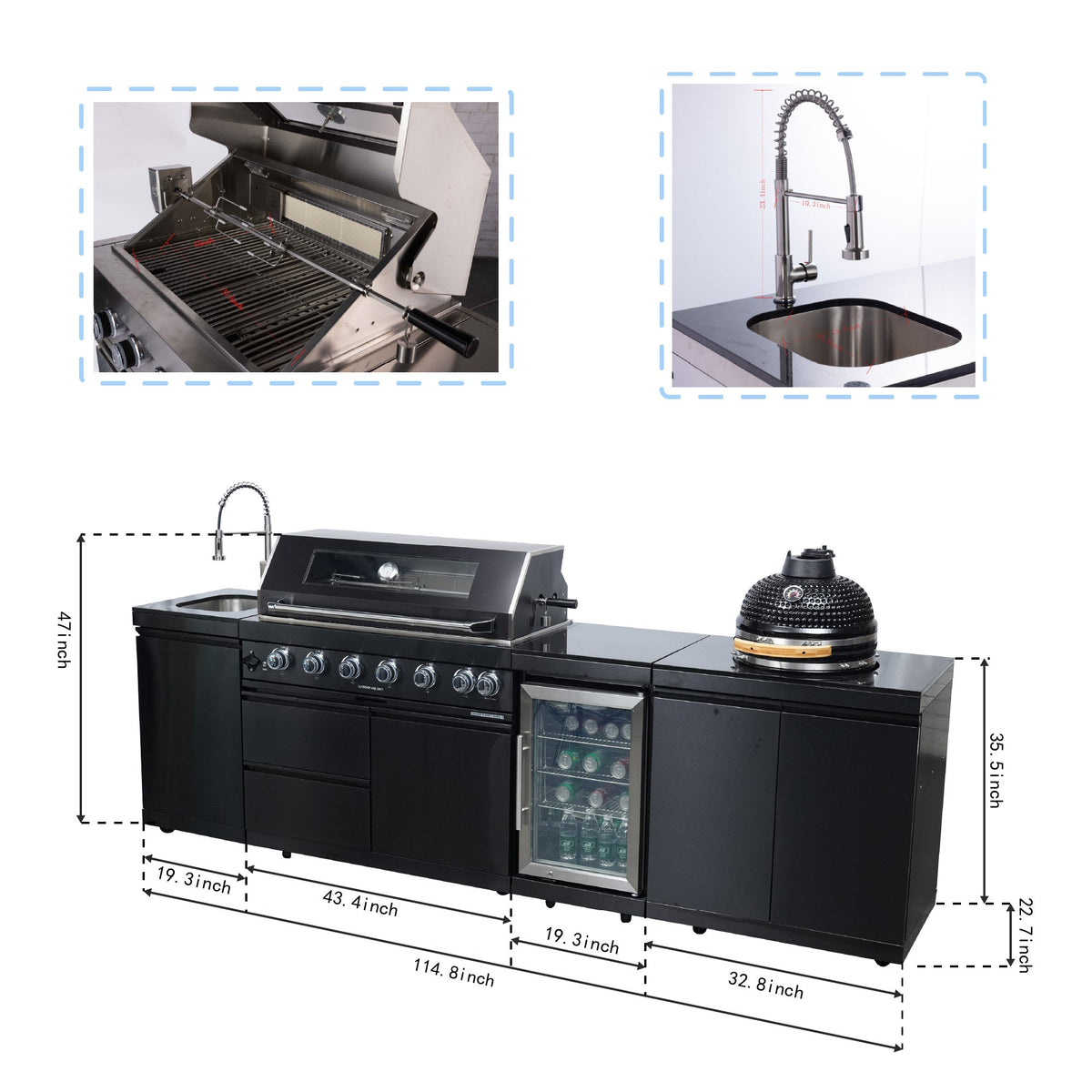 Black 115-Inch 85000-BTU Stainless Steel Gas Outdoor Kitchen Bar Barbecue Island Grill with Kamado grill ,Wine Cooler Compact Refrigerator Rotisserie Granite Countertops Storage Cabinets & Drawers