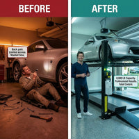 4-Post Car Lift Built for Heavy Duty Storage, 8000 Lb Capacity, Cable Drive System, Extended Length — Before & After