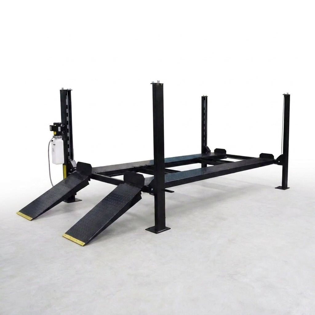 4-Post Car Lift Built for Heavy Duty Storage, 8000 Lb Capacity, Cable Drive System, Extended Length — Studio Shot