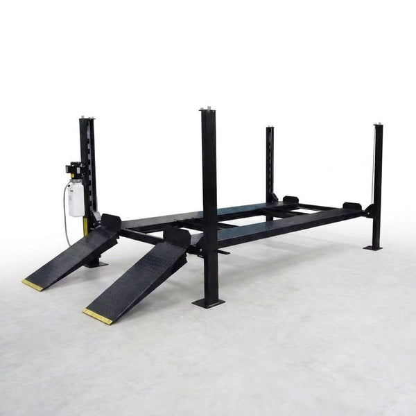 4-Post Car Lift Built for Heavy Duty Storage, 8000 Lb Capacity, Cable Drive System, Extended Length — Studio Shot