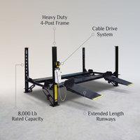 4-Post Car Lift Built for Heavy Duty Storage, 8000 Lb Capacity, Cable Drive System, Extended Length — infographic