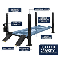 4-Post Car Lift Built for Heavy Duty Storage, 8000 Lb Capacity, Cable Drive System, Extended Length — How It Works