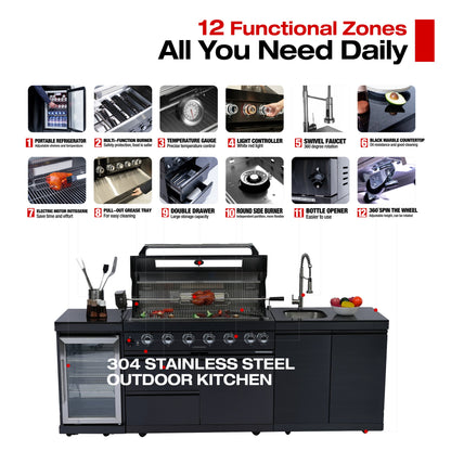 NG 95" 6-Burner 85000 BTU Black Outdoor Kitchen Island Grill Rotisserie kit Granite Countertops