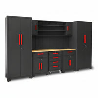 Garage Storage Cabinet System Designed for Workshop Organization, 8-Piece Set, Steel Construction, Rolling Chest