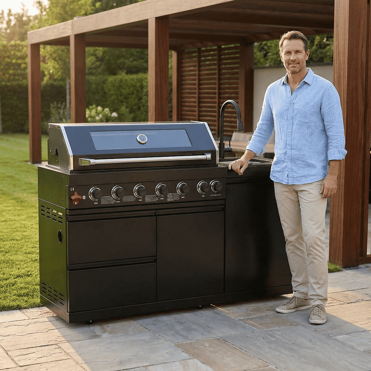 63" 6-Burner 85000 BTU Black Outdoor Kitchen Island Grill + Marble Countertops + Sink