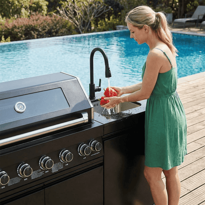 63" 6-Burner 85000 BTU Black Outdoor Kitchen Island Grill + Marble Countertops + Sink