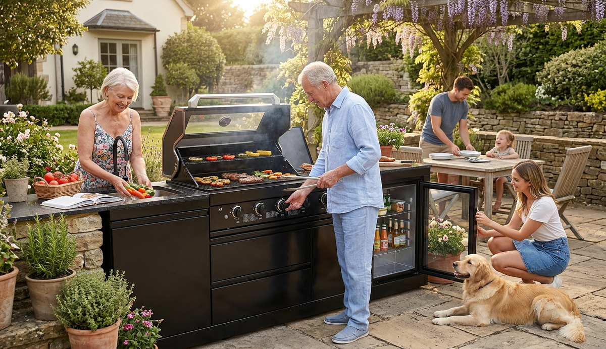 85" 4-Burner 72000 BTU Black Outdoor Kitchen Island Grill with Compact Refrigerator Marble Countertops Sink