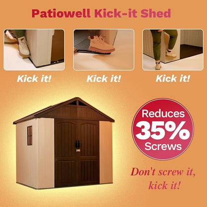 Patiowell 8 x 6 FT Plastic Outdoor Storage Shed with Floor, Resin Shed with Window and Lockable Door for Garden, Backyard, Tool Storage Use, Easy to Install in Beige (Kick-it Shed)