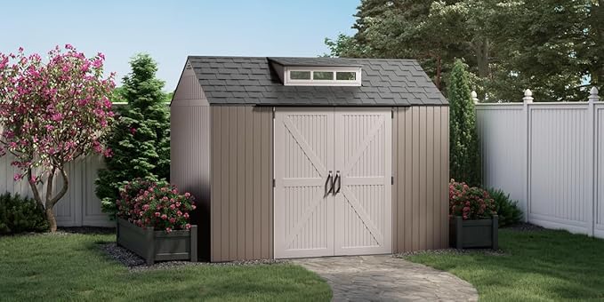 Rubbermaid Extra Large Resin Outdoor Storage Shed With Floor (7 x 10.5 Ft.) Weather Resistant Brown Organization for Home/Lawn Mower/Backyard Equipment/Bike Storage/Pool Supplies
