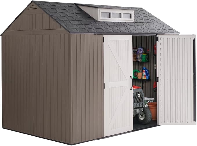 Rubbermaid Extra Large Resin Outdoor Storage Shed With Floor (7 x 10.5 Ft.) Weather Resistant Brown Organization for Home/Lawn Mower/Backyard Equipment/Bike Storage/Pool Supplies