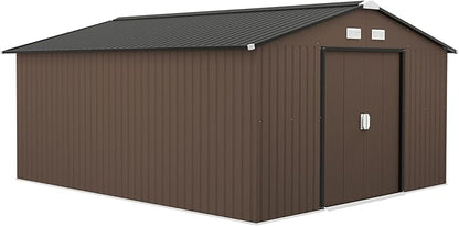 Outsunny 11' x 13' Outdoor Storage Shed, Garden Tool Metal Shed with Foundation Kit, Double Lockable Door, Air Vents and Sloping Roof, for Backyard, Patio, Lawn, Brown