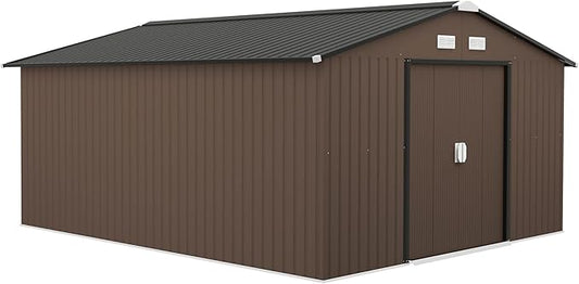 Outsunny 11' x 13' Outdoor Storage Shed, Garden Tool Metal Shed with Foundation Kit, Double Lockable Door, Air Vents and Sloping Roof, for Backyard, Patio, Lawn, Brown