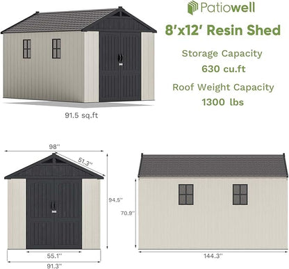 Patiowell 8 x 12 FT Plastic Outdoor Storage Shed with Floor, Resin Shed with Window and Lockable Door for Garden, Backyard, Tool Storage Use, Easy to Install in Beige (Kick-it Shed)